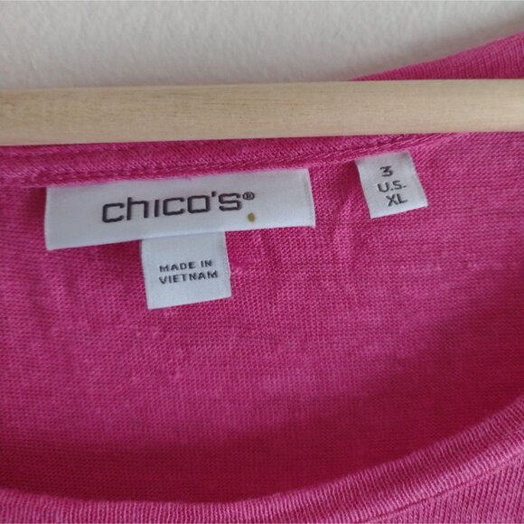 Chicos Pink Linen Top XL 3 Relaxed Fit Puff Sleeve Lightweight Fuschia Blouse - Picture 2 of 8